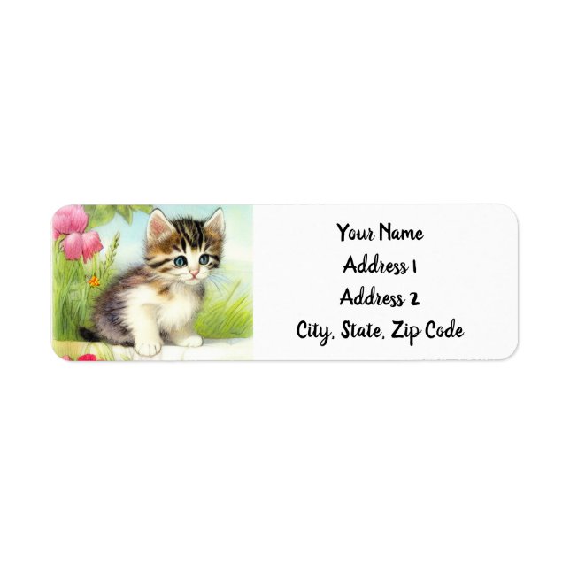 Etiqueta Gatito blanco y marrón vintage con flores (Frente)