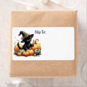 Etiqueta Gatito negro de Halloween con calabazas y Gorra de