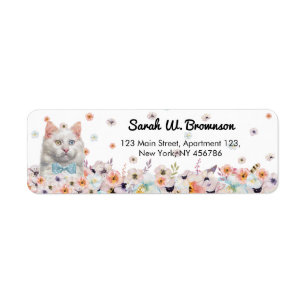 Etiqueta Gato Blanco Flores Pajarita Azul