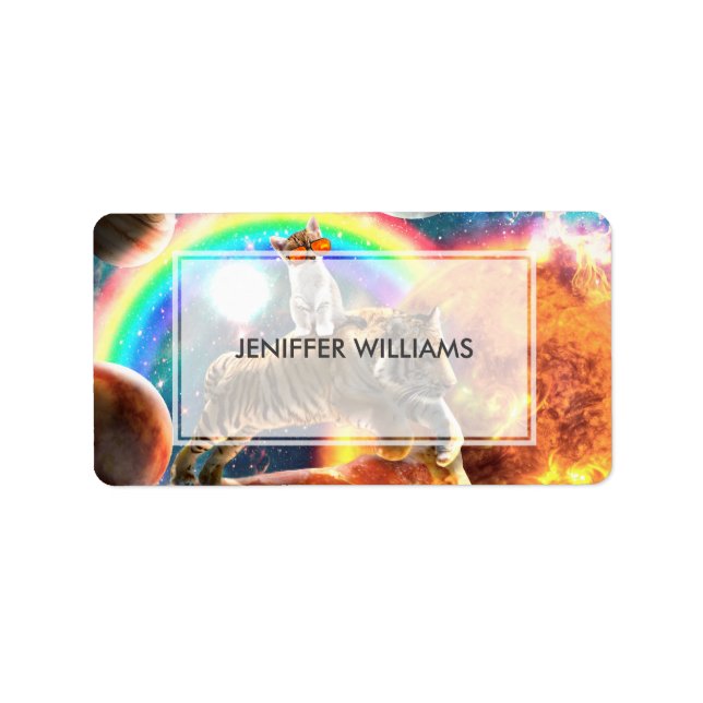 Etiqueta Gato de galaxia espacial montando tigre en pizza (Frente)