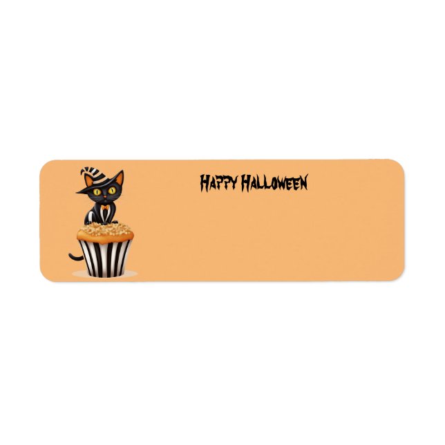 Etiqueta Gato de Halloween con muffin (Frente)