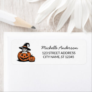 Etiqueta Gato de Halloween Sombrero de Bruja Calabaza Direc