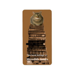 Etiqueta Gato en la pila de libros Bookplate
