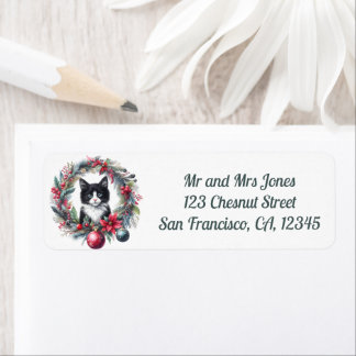 Etiqueta Gato en un Navidad Floral Wreath 6- Dirección de r