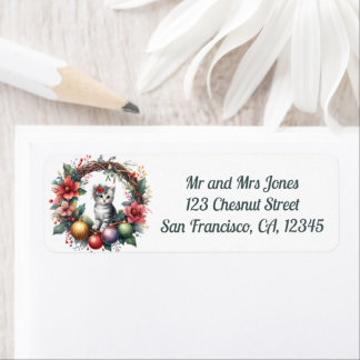 Etiqueta Gato en un Navidad Floral Wreath 7- Dirección de r