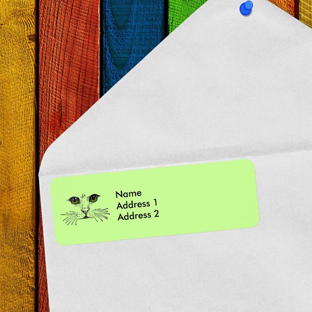 Etiqueta Gato Face Green Eyes Whiskers (Cat face drawing in black with green eyes on light green return address labels.)