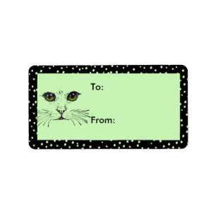 Etiqueta Gato Face Green Oyes Black Polka Dot Border