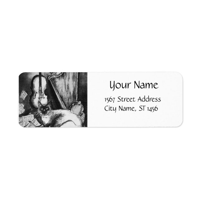 Etiqueta GATO MUSICAL, OWL,VIOLIN,HARP Black White Gray Mus (Frente)