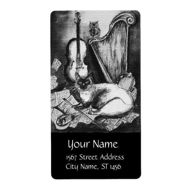 Etiqueta GATO MUSICAL, OWL,VIOLIN,HARP Black White Gray Mus (Frente)