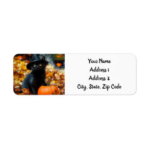 Etiqueta Gato negro de Halloween y calabaza