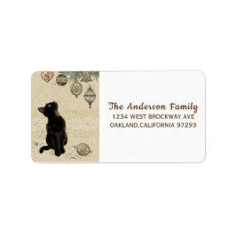 Etiqueta Gato negro de Navidad vintage mirando los adornos