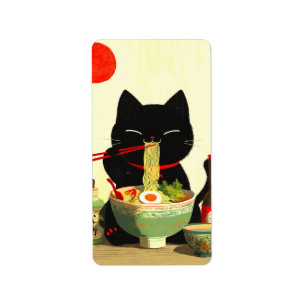 Etiqueta Gato negro feliz comiendo Ramen Ukiyo-e japonés