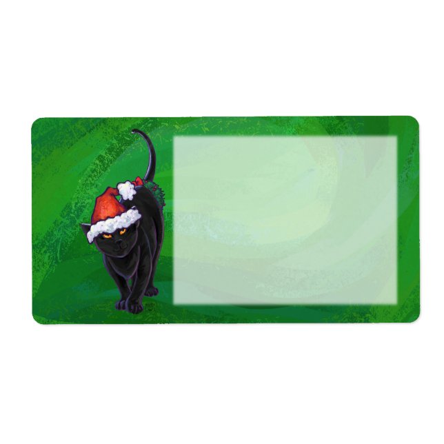 Etiqueta Gato negro navidad en verde (Frente)