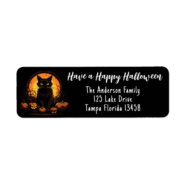 Etiqueta Gato negro y linternas Jack-o (Frente)