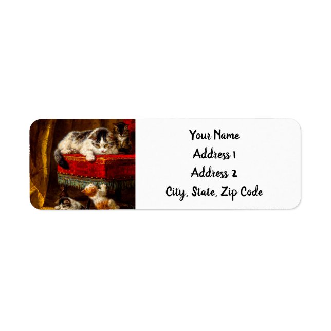 Etiqueta Gato y gatitos jugando con silla (Frente)