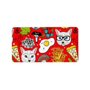 Etiqueta Gato y huevo en rojo