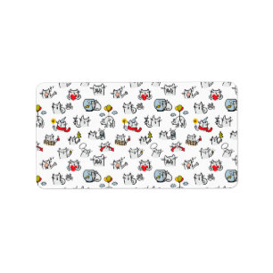 Etiqueta Gatos divertidos, leche y magia.