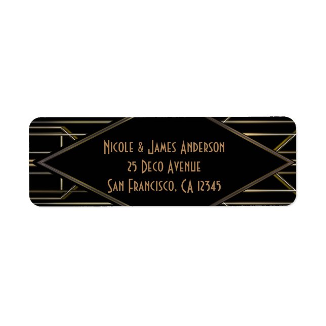 Etiqueta Gatsby Glam Boda de Black & Gold 20's Art Deco (Frente)