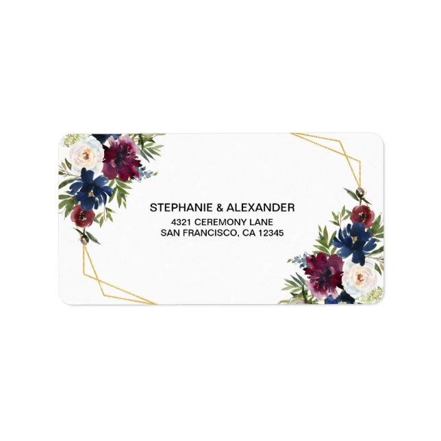 Etiqueta Geometric Frame Burgundy Navy Flowers Wedding (Frente)