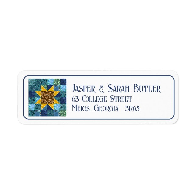 Etiqueta Girasol sobre el mosaico azul Cuilt floral geométr (Frente)