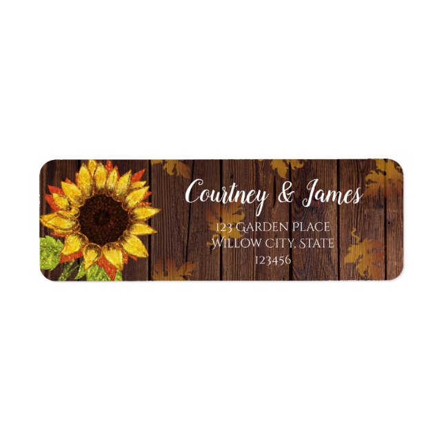 Etiqueta Girasol y hojas | Boda rústica de campo de madera (Frente)