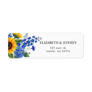 Etiqueta Girasoles Florales Azul Real Bodas Modernas