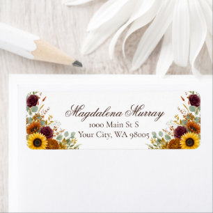 Etiqueta Girasoles Rosas Borgoña Óxido Floral Otoño Boda