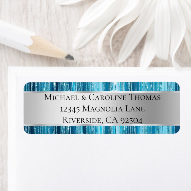 Etiqueta Glam Silver Aqua Glitzy Stripes Boda (In situ)