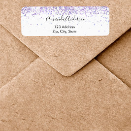 Etiqueta Glitter violeta blanco glamuroso dirección de devo