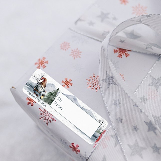 Etiqueta Gnome de Navidades de invierno acuarela (Watercolor Winter Christmas Gnome To and From Gift Labels)