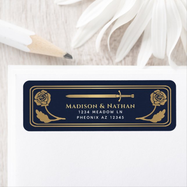 Etiqueta Gold Blue Medieval Fantasy Sword Wedding Label (In situ)