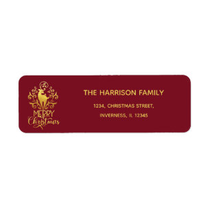 Etiqueta Gold Deer Merry Christmas Red Return Address