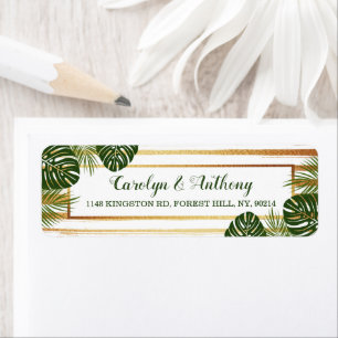 Etiqueta Gold Foil & Green Palm Leaf Beach Wedding