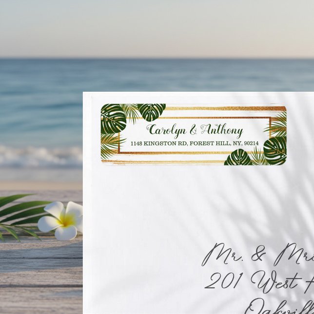 Etiqueta Gold Foil & Green Palm Leaf Beach Wedding (Subido por el creador)