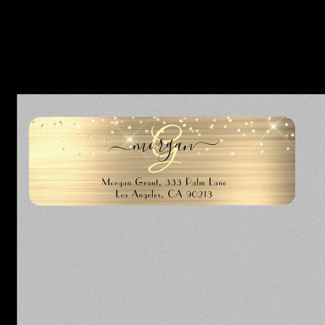 Etiqueta Gold Glitter & Monogram, Black Script Name Address (Subido por el creador)