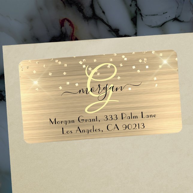 Etiqueta Gold Glitter & Monogram, Black Script Name Address (Subido por el creador)