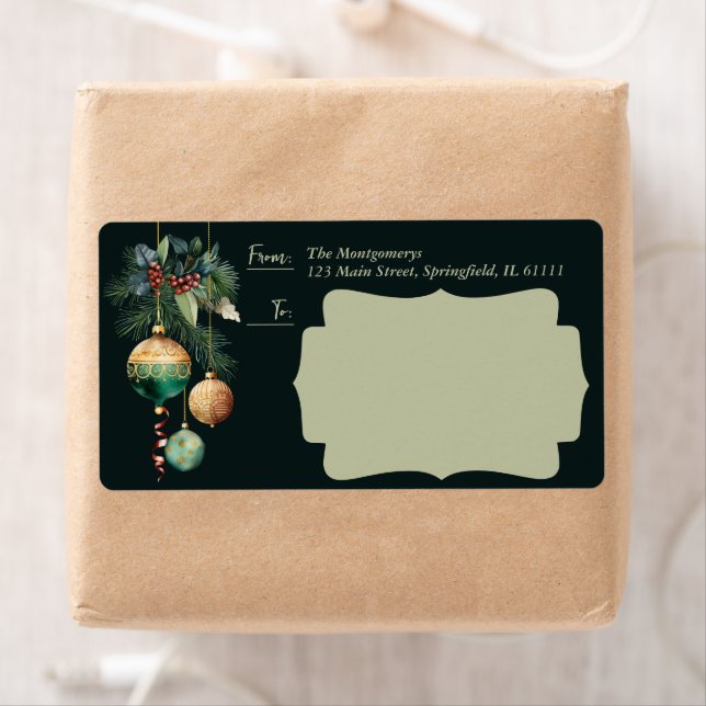 Etiqueta Gold Green Christmas Ornaments Shipping (In situ)