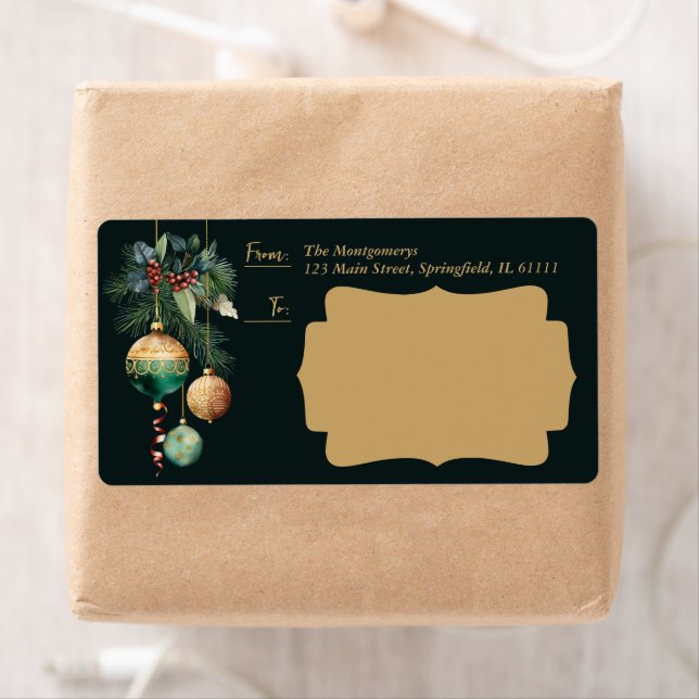 Etiqueta Gold Green Christmas Ornaments Shipping (In situ)