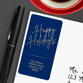 Etiqueta Gold Happy Holidays Blue Return Address