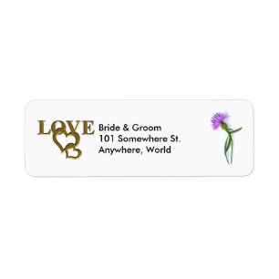 Etiqueta Gold Love Hearts & Purple Thistle Return Address