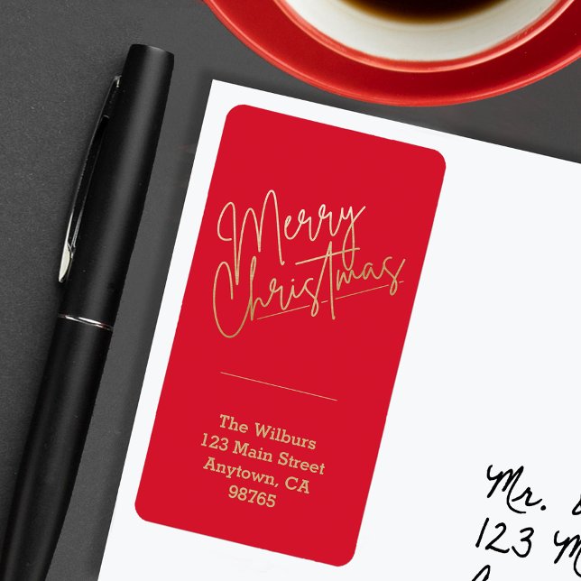 Etiqueta Gold Merry Christmas on Red Navidades (Gold Merry Christmas on Red Return Address Labels)