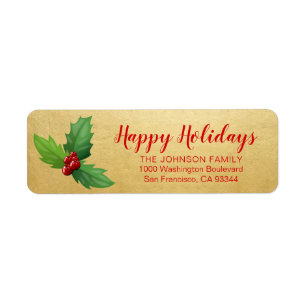 Etiqueta Gold Red Holly Happy Holiday Xmas Return Address