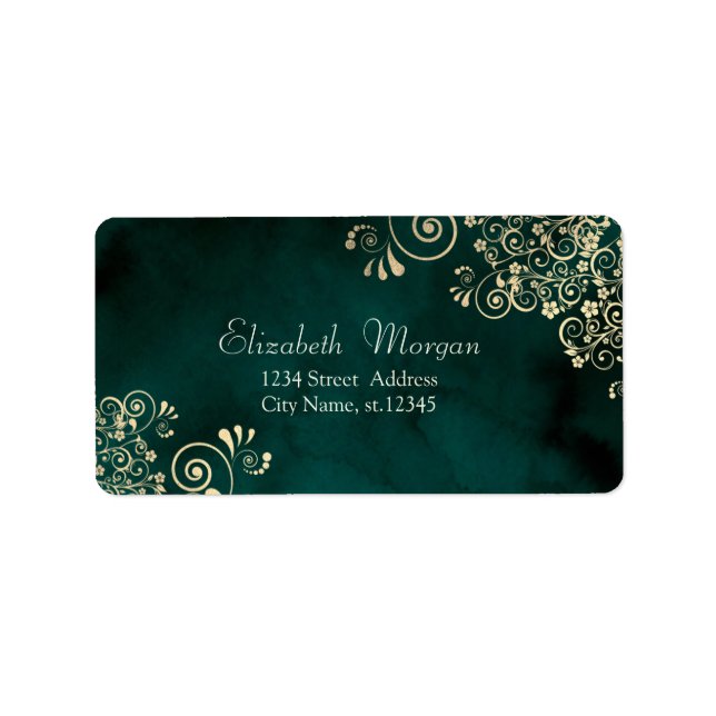 Etiqueta Gold Swirls Emerald Green Wedding (Frente)