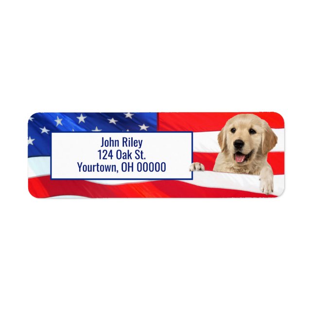 Etiqueta Golden Retriever En Bandera Estadounidense (Frente)