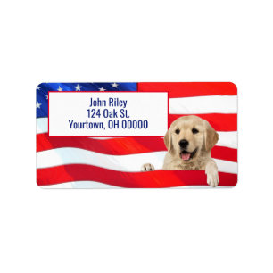 Etiqueta Golden Retriever En Bandera Estadounidense
