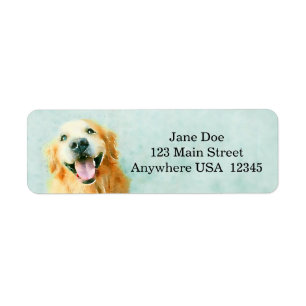 Etiqueta Golden retriever sonriente en acuarela