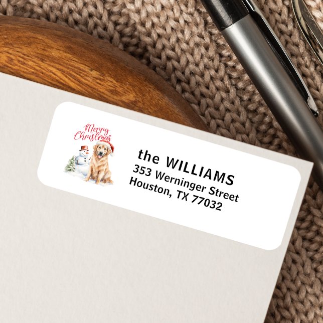 ETIQUETA GOLDEN RETRIVER SANTA HAT SNOWMAN PERSONALIZADO (MERRY CHRISTMAS WATERCOLOR GOLDEN RETRIEVER FOR HOLIDAY CORRESPONDANCE DOG THEME)