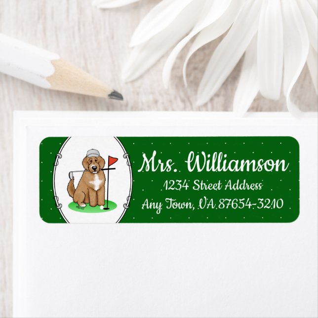 Etiqueta Goldendoodle Perro Jugando Golf (rojo whmk2) Diver (In situ)