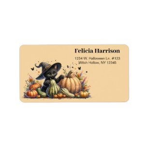 Etiqueta Gourds de Halloween Black Witch's Kitten W/ Pumpki