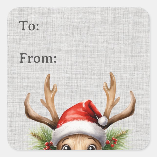 Etiqueta graciosa de regalo de reno de Peeking (Anverso)